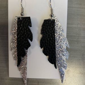 Black & silver feather faux leather earrings